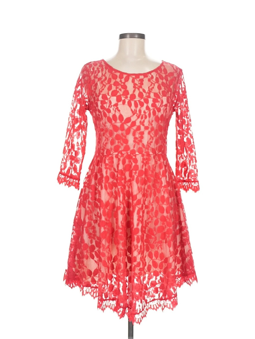 Free People Red Lace Leaf Fit Flare Dress Size 6 Sheer 3/4 Sleeve Boho Mini